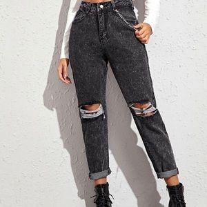 Black distressed jeans with chain